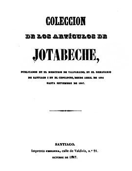 Cubierta para Colección de los artículos de Jotabeche: publicados en El Mercurio de Valparaíso, en el Semanario de Santiago i en el Copiapó, desde abril de 1841 hasta setiembre de 1847