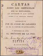Cubierta para Cartas sobre los obstáculos que la naturaleza, la opinión y las leyes oponen a la felicidad pública: escritas por el Conde de Cabarrus al Sr. D. Gaspar de Jovellanos y precedidas de otra al Príncipe de la Paz