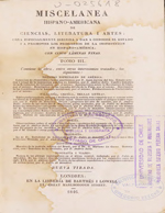 Cubierta para Miscelánea hispano-americana de ciencias, literatura i artes: obra especialmente dirigida a dar a conozer el estado i a promover los progresos de la instrucción en Hispano-América : volumen  3