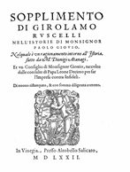 Cubierta para Sopplimento di Girolamo Ruscelli nell’ istorie di Monsignor Paolo Giovio, nelquale è un ragionamento intorno all' istoria fatto da M. Dionigi Atanagi: et un Consiglio di Monsignor Giovio, raccolto dalle consulte di Papa Leone Decimo per far l'Impresa contra infideli