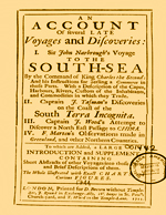 Cubierta para An account of several late voyages and discoveries: I. Sir John Narbrough's voyage to the South-Sea ... , : II. Captain J. Tasman's discoveries on the coast of the south terra incognita, : III. Captain J. Wood's attempt to discover a north-east passage to China, : IV. F. Marten's observations made in Green