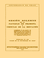 Cubierta para Sesión solemne de la Facultad de Filosofía y Ciencias de la Educación: celebrada en el salón de honor de la Universidad de Chile el día 6 de octubre de 1929, con motivo de la entrega a don José Toribio medina de la Gran Cruz de Alfonso XII, que le fue concebida por el gobierno español