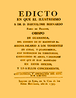 Cubierta para Edicto en que el ilustrísimo S. Dr. D. Bartolomé Bernardo Fabro de Palacios, obispo de Guamanga, del consejo de su magestad asigna salario a los tenientes de curas, y quaresmeros, con distinción de territorios, corrigiendo el abuso, y desorden con que se