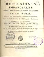 Cubierta para Reflexiones imparciales sobre la humanidad de los españoles en las Indias: contra los pretendidos filósofos y políticos, para ilustrar las historias de M M. Raynal y Robertson