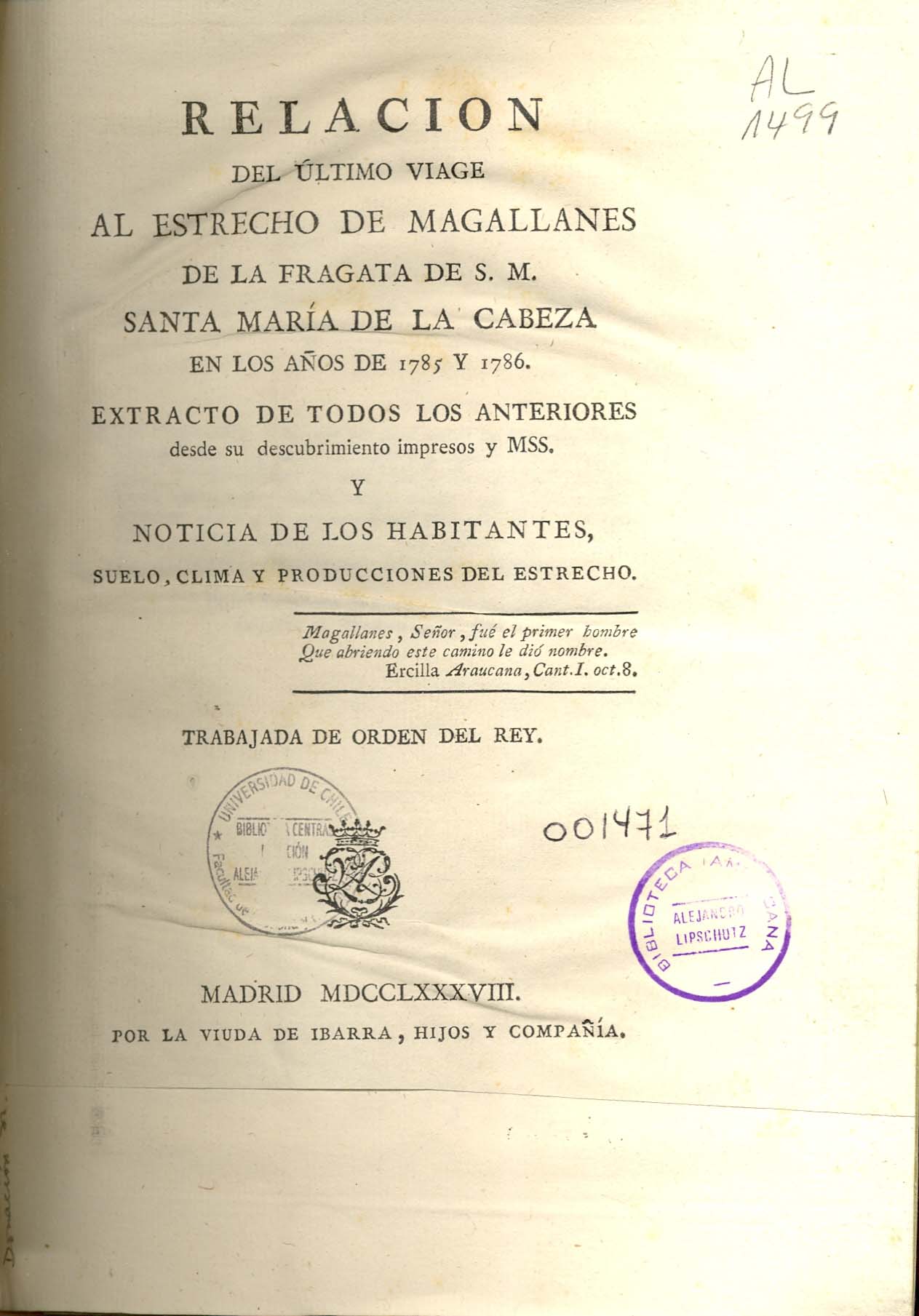 Cubierta para Relación del último viage al estrecho de Magallanes de la fragata de S. M. Santa María de la Cabeza en los años de 1785 y 1786: extracto de todos los anteriores desde su descubrimiento impresos y MSS y noticia de los habitantes, suelo clima y producciones del Estrecho