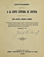 Cubierta para Dictamen espedido a la Corte Suprema de Justicia por su fiscal don Vicente Aguirre Vargas: a cerca de la sentencia del Tribunal Arbitral en que se ordena el pago a razon de 26 peniques por peso de las cantidades que el Fisco adeuda a los representantes de la North and South American Construction Company