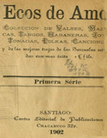 Cubierta para Ecos de amor: la mejor colección de canciones, valses, tonadas, mazurcas, habaneras, cuecas, polkas, cán-cáns, tangos, jotas, y de los mejores trozos musicales de las zarzuelas estrenadas con más éxito en Chile