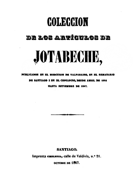 Cubierta para Colección de los artículos de Jotabeche: publicados en El Mercurio de Valparaíso, en el Semanario de Santiago i en el Copiapó, desde abril de 1841 hasta setiembre de 1847