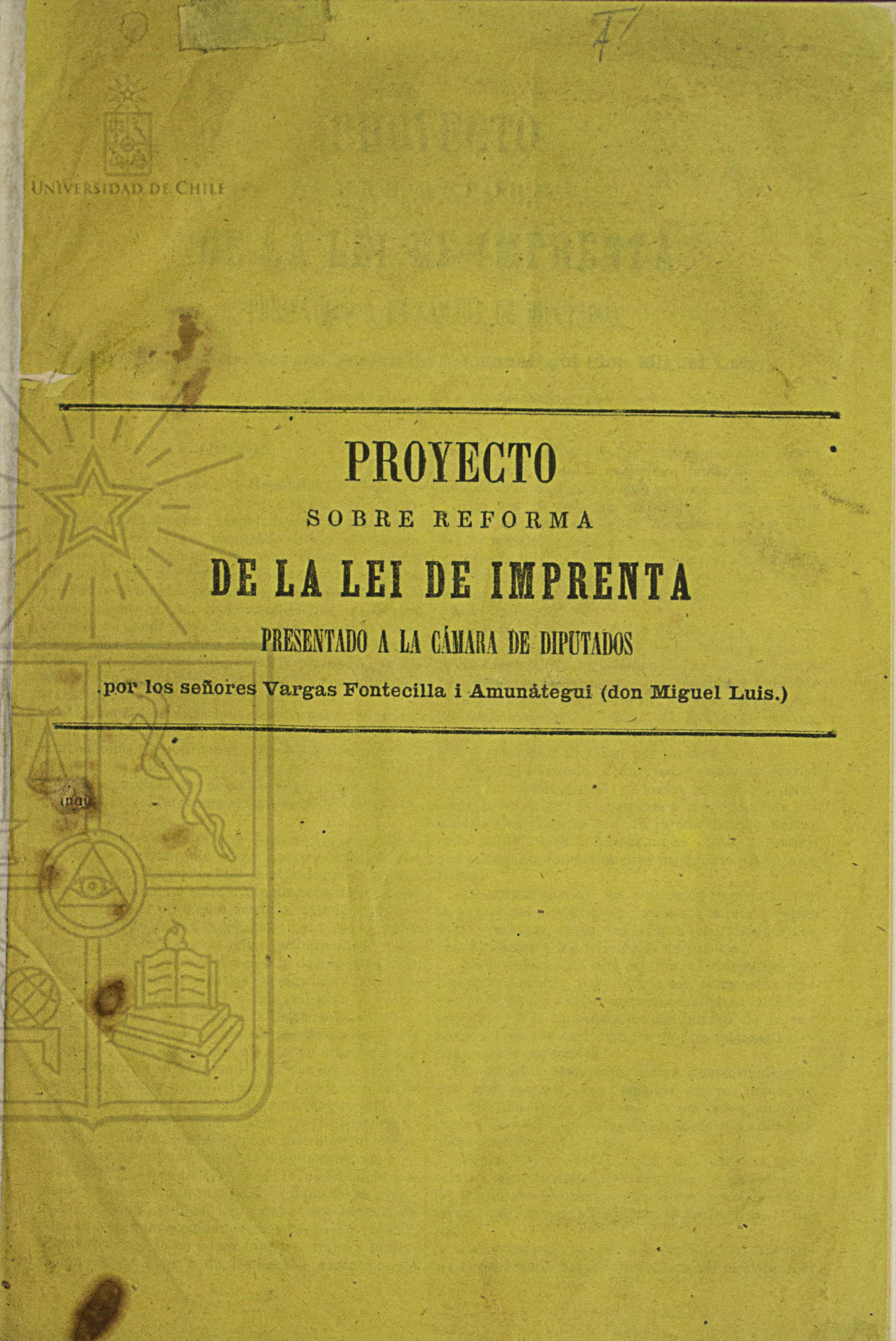 Cubierta para Proyecto sobre reforma de la lei de imprenta presentado a la Cámara de Diputados